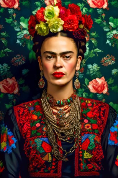 Porträt von Frida Kahlo in einem bunten Kleid