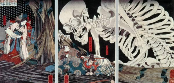 Mitsukini Defying the Skeleton Spectre, c.1845 (hand coloured woodcut print)