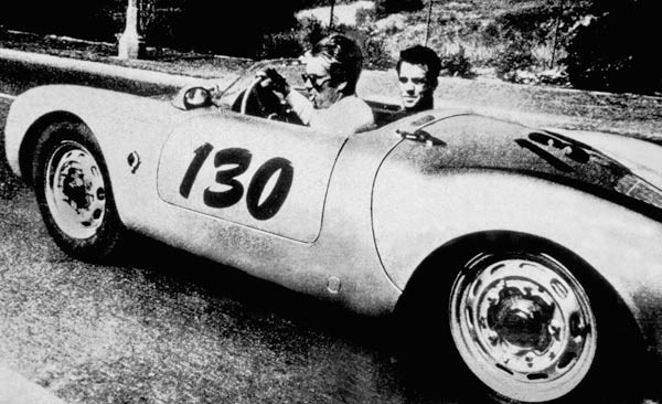 The American Actor James Dean driving his Porsche Spider 550A with Rolf Wutherlich