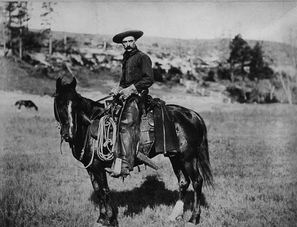 Cowboy riding a horse in Montana, USA, c. 1880 (b/w photo)