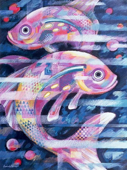 Fishstream (acrylic and oil pastel on paper)